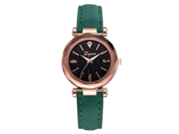 Relógio Analógico de Pulso Feminino com Pulseira de Couro Pu Estilo Simples Verde