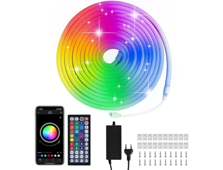 Tira Led Efeito Neon Rgb 5 M 108 Led/metro Impermeável Comando E App 540 Led Chakoco