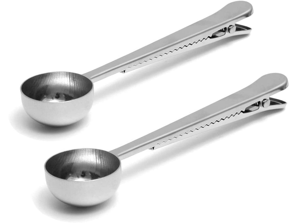 Conjunto De 2 Colheres Medidoras Café E Chá Em 1 Aço Inoxidável Com Prendedor Para Saco Ziploc, Cor Prata.