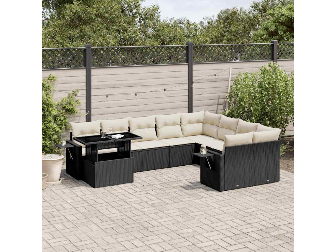 10 Pcs Conjunto Sofás De Jardim C/ Almofadões Vime Pe Preto Dkd Home Decor