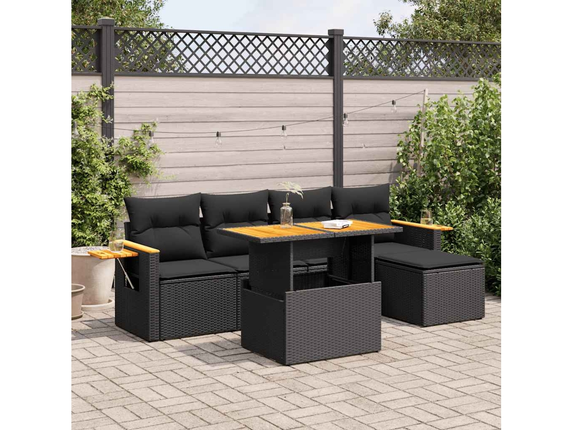 Vidaxl 6 Pcs Conjunto Sofás Jardim C/ Almofadões Vime Pe/acácia Preto