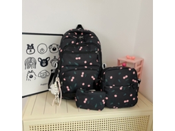 Conjunto De Mochila Estampada De Cereja, Três Peças: Mochila + Bolsa Pequena + Estojo, Adequado Para Uso Escolar Diário Preto