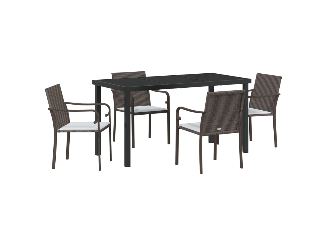 Conjunto 5 De Jantar De Jardim Com Vidaxl E Almofadas Castanhas Em Rattan Sintético