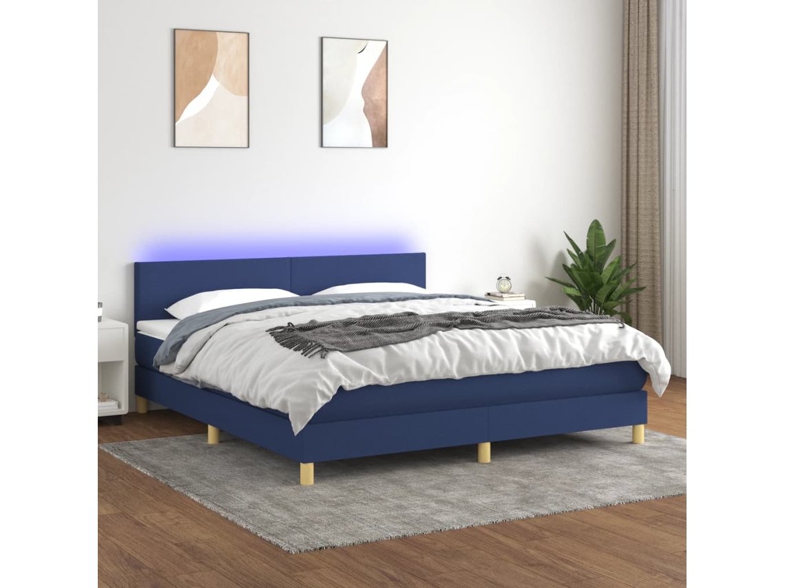 Vidaxl Cama Box Spring C/ Colchão E Led 180x200 Cm Tecido Azul