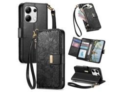 Capa Carteira De Couro Com Zíper, Estampa De Flores E Folhas, Com Alça, Para Redmi Note 13 Pro 5g.