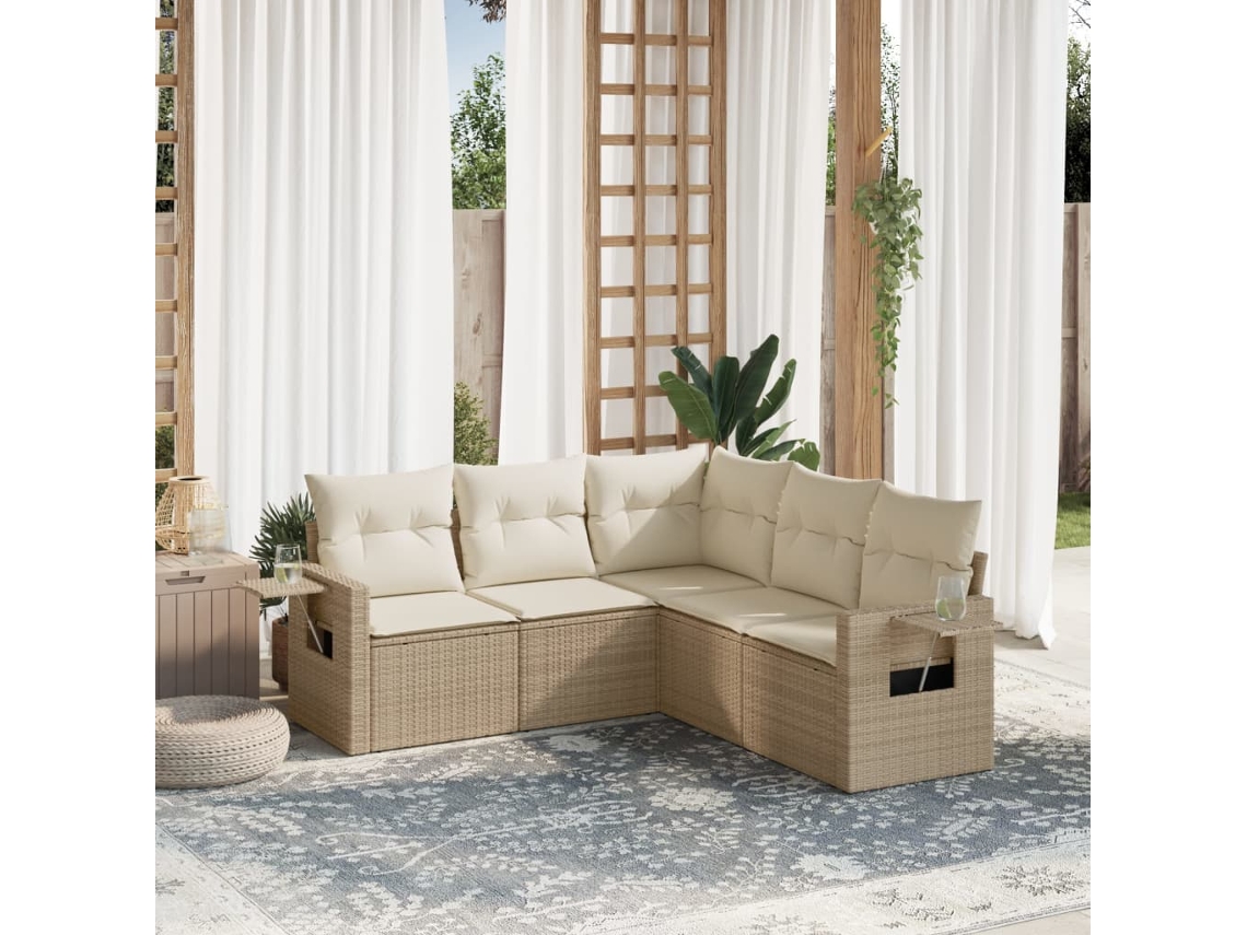 Vidaxl 5 Pcs Conjunto De Sofás P/ Jardim Com Almofadões Vime Pe Bege