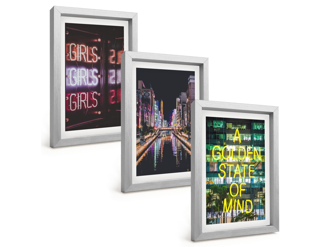 Composição De Quadrosletras De Neon, Rio Em Noite Moldura Prateada Imagens Para Um Quarto Infantil Espelharte (3 Peças 20x30 Cm)