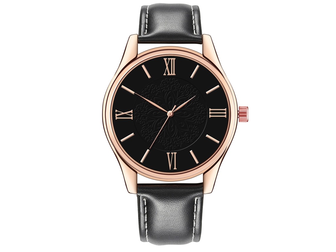 Relógio de pulso masculino elegante com pulseira de couro PU, mostrador redondo, visor analógico, movimento de quartzo, preto.