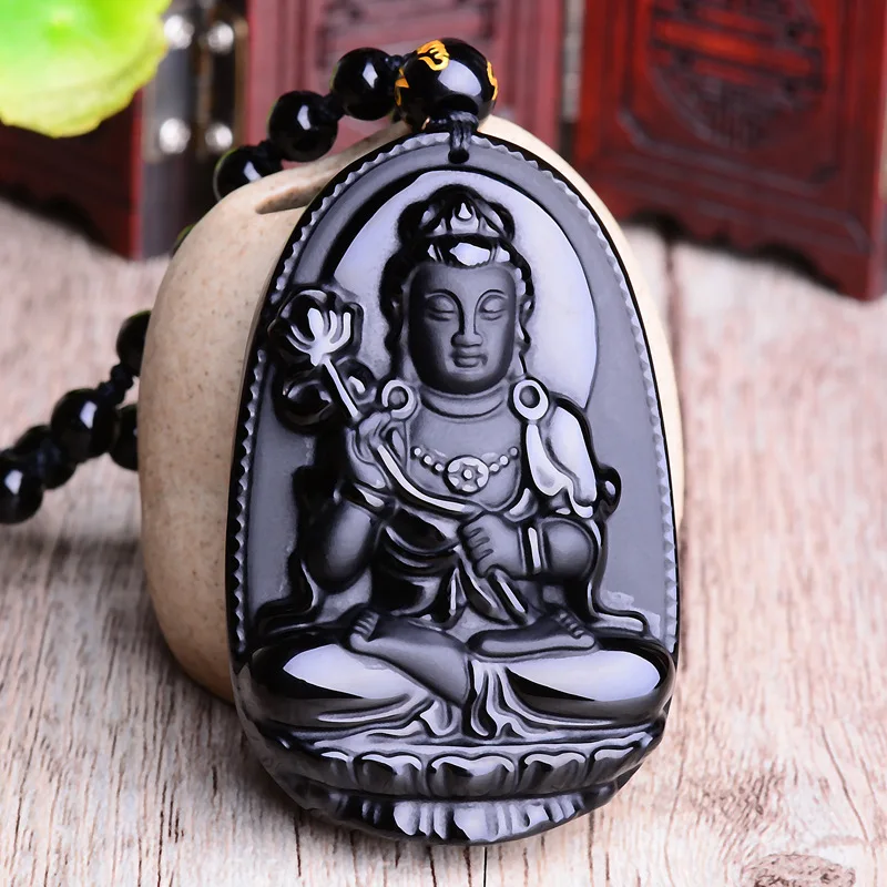 Colar com Pingente de Buda Amitabha, Colar com Imagem de Buda Esculpida em Obsidiana, Amuleto da Sorte MDUG (estilo 1)