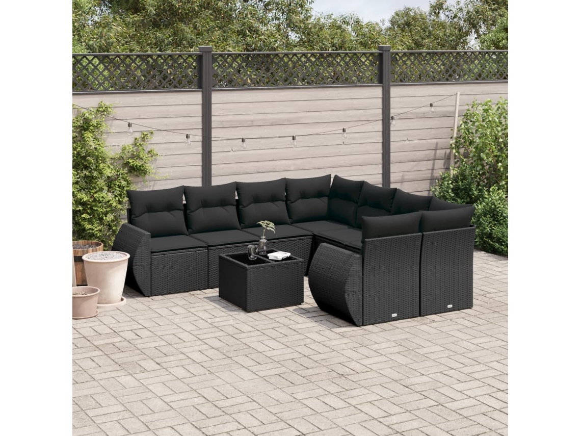 Vidaxl 9 Pcs Conjunto De Sofás P/ Jardim C/ Almofadões Vime Pe Preto