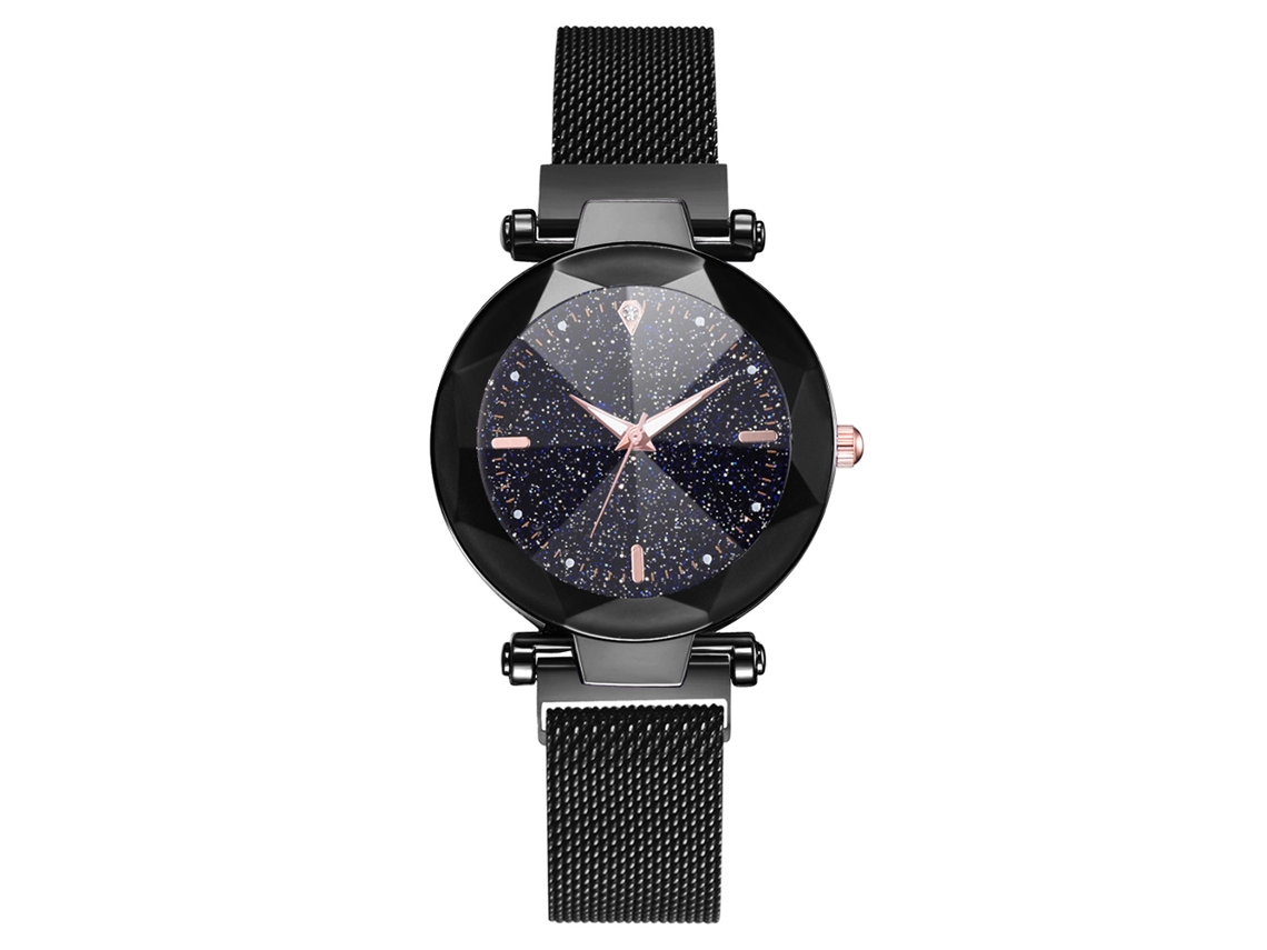 Relógio Feminino de Quartzo com Pulseira de Malha e Botão Magnético Mostrador Redondo Preto