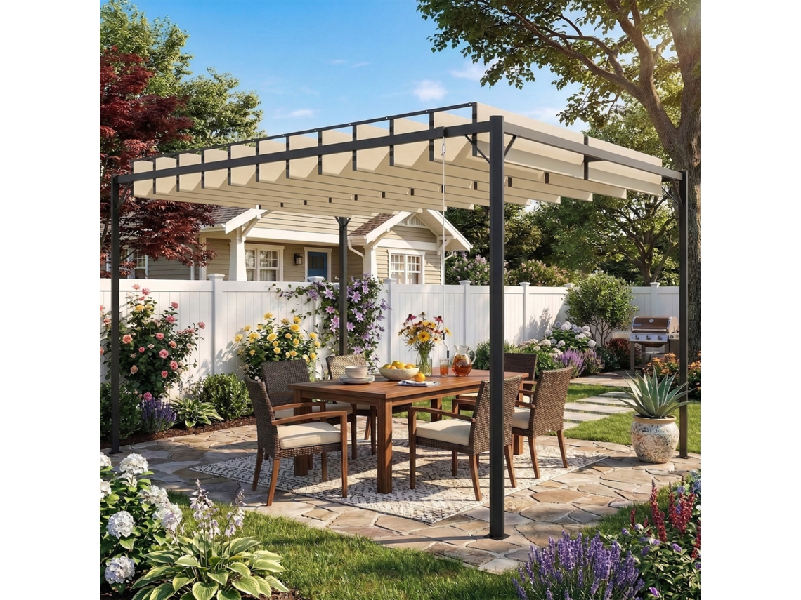 Pérgola Para Jardim 3x4 M, Gazebo Externo Com Teto Ajustável E Proteção Upf50+, Estrutura Metálica Na Cor Branco Creme
