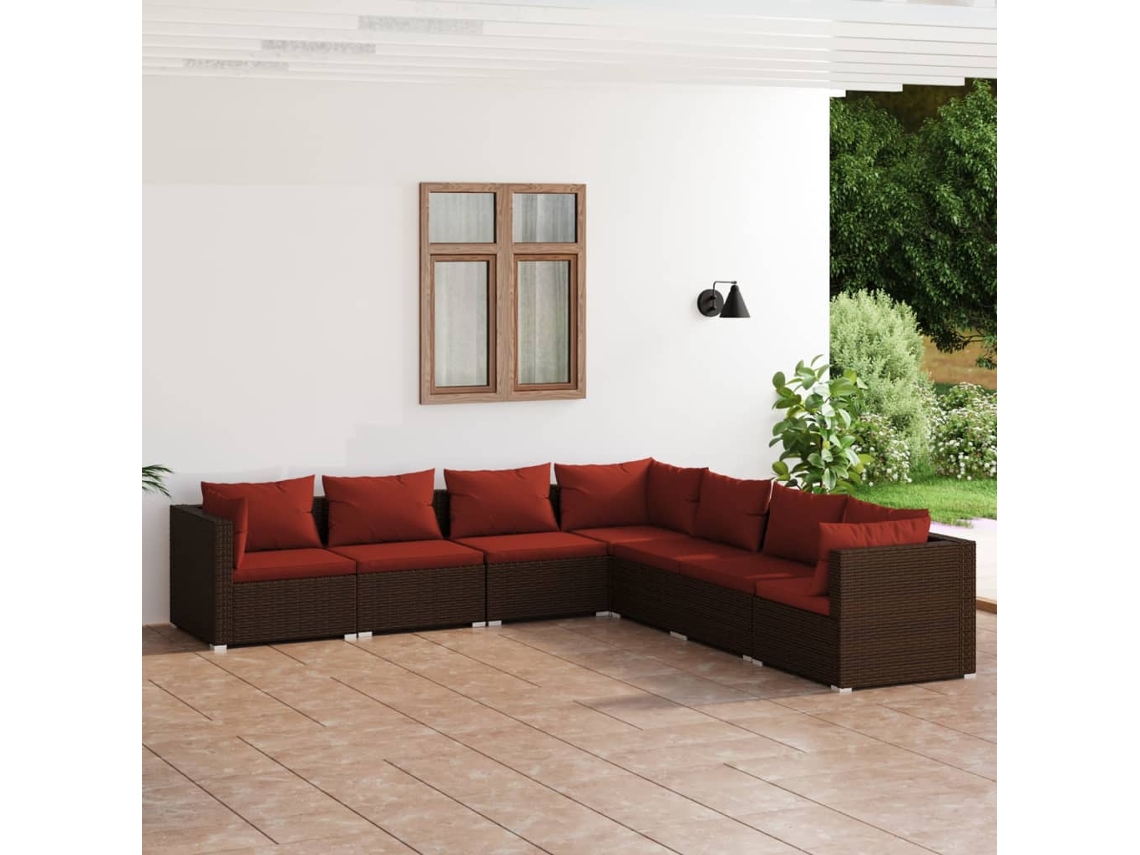 Vidaxl 7 Pcs Conjunto Lounge Jardim C/ Almofadões Vime Pe Castanho