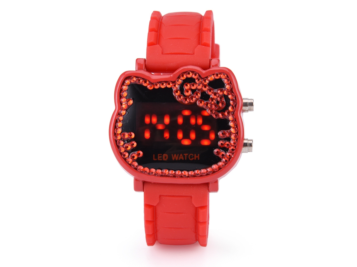 Relógio Digital Infantil Menina Hello Kitty Pulseira de Silicone com Luz Led Vermelho