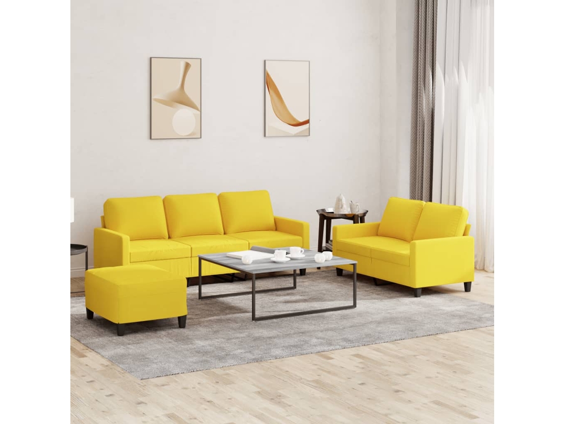 Vidaxl 3 Pcs Conjunto De Sofás Com Almofadões Tecido Amarelo-claro