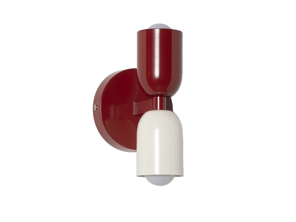 Aplique Moderno Duplo E27 com Abajur Vermelho e Creme, Base Vermelha, Luz Superior e Inferior para Quarto ALPINALUZ