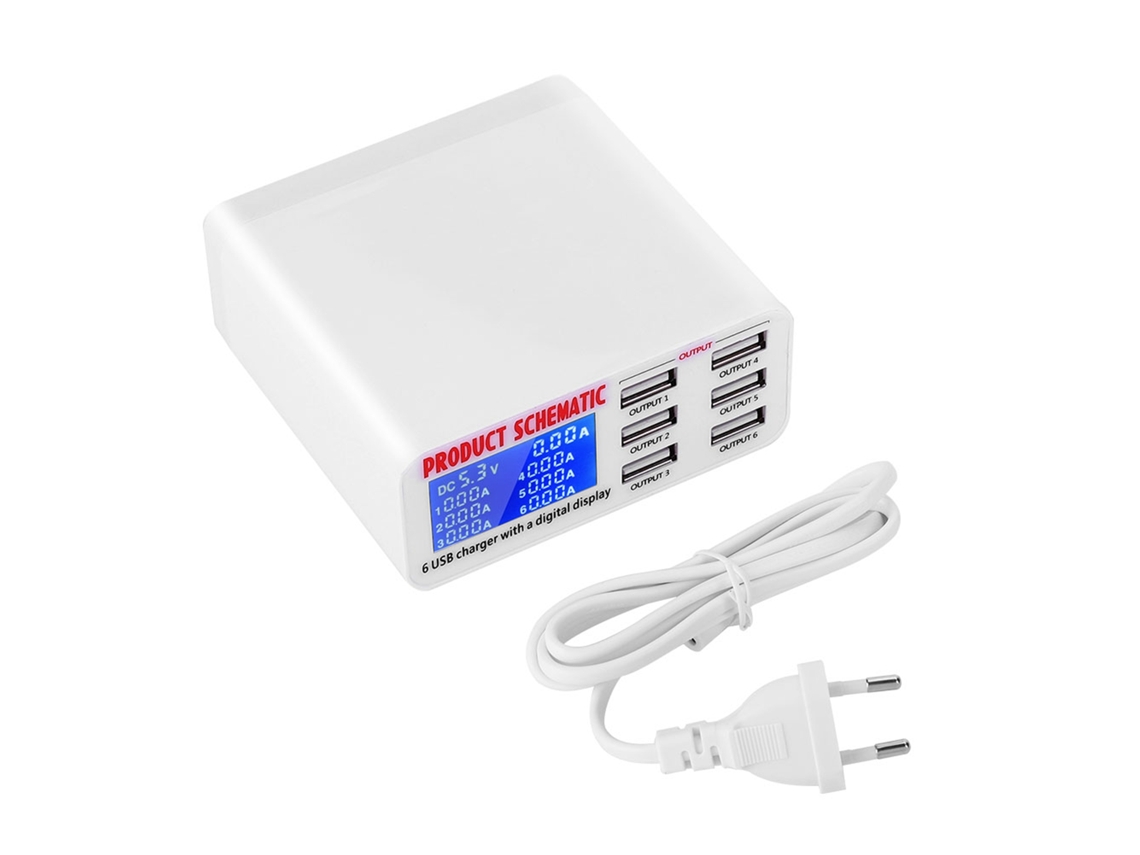 Estação De Carregamento Usb Com 6 Portas E Display Lcd 6a Carregador Rápido Compatível Com Celulares E Tablets