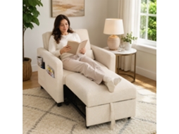 Sofá-cama 3 Em 1 Em Tecido Com Efeito Linho E Encosto Ajustável, Branco Creme