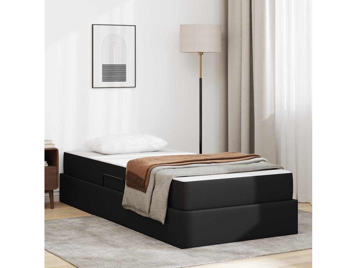 Vidaxl Cama Com Arrumação E Colchão 2 Unid. Preto Couro