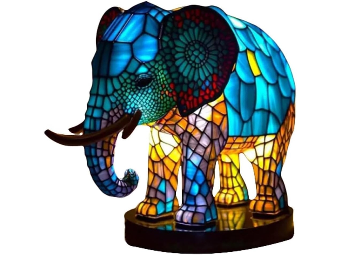Luminária de mesa Schwamm em formato de elefante, feita de resina, com LED multicolorido e acabamento brilhante.