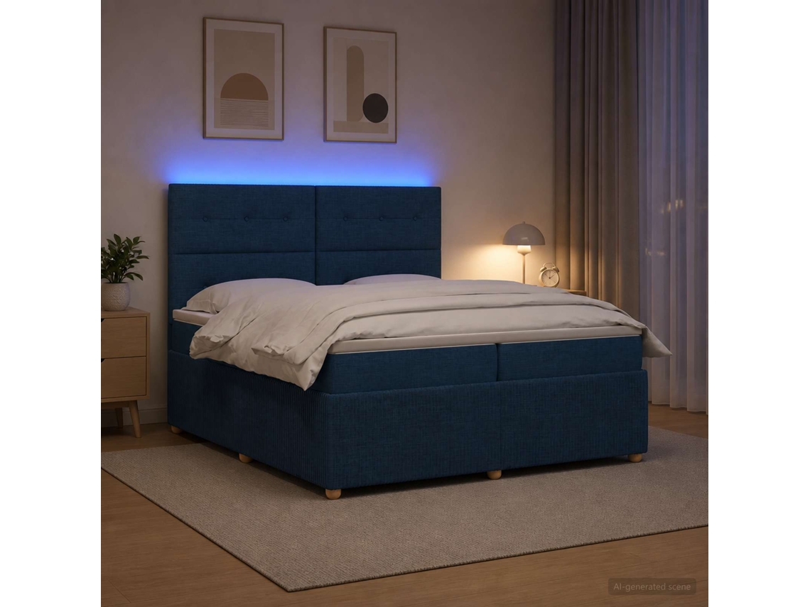 Vidaxl Cama Box Com Led E Colchão Azul 200 X 200 Cm Tecido