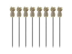 Nova Line palitos de Fruta Decorativos de Aço Inox com Abacaxi Dourado 11,5cm Pacote de 10