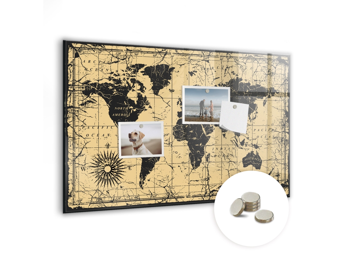 Mapa-múndi vintage com moldura magnética para quarto infantil Espelharte (60x40 cm)