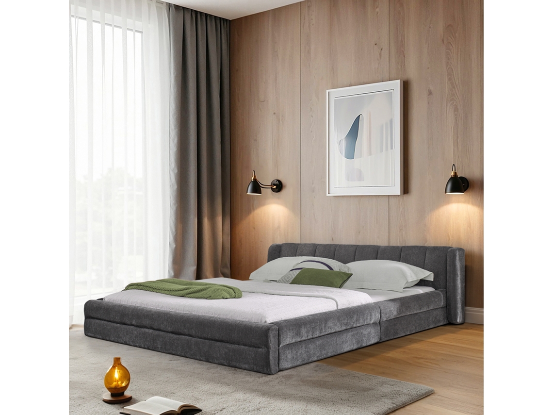 Cama Casal 160×200cm Tecido Chenille Cinza Escuro Confortável Resistente