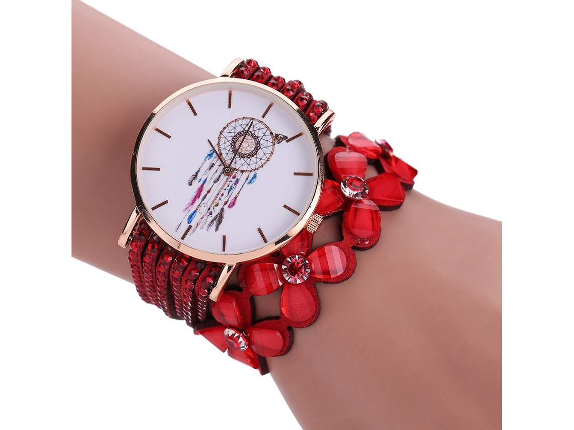 Relógio de Pulso Feminino Étnico Retro com Design de e Pulseira Multicamadas Vermelho