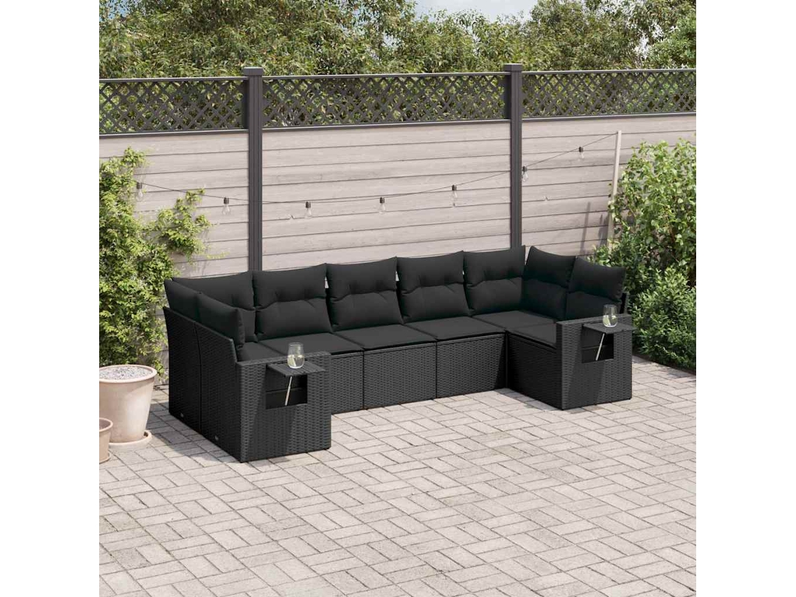 Vidaxl 7 Pcs Conjunto De Sofás P/ Jardim C/ Almofadões Vime Pe Preto