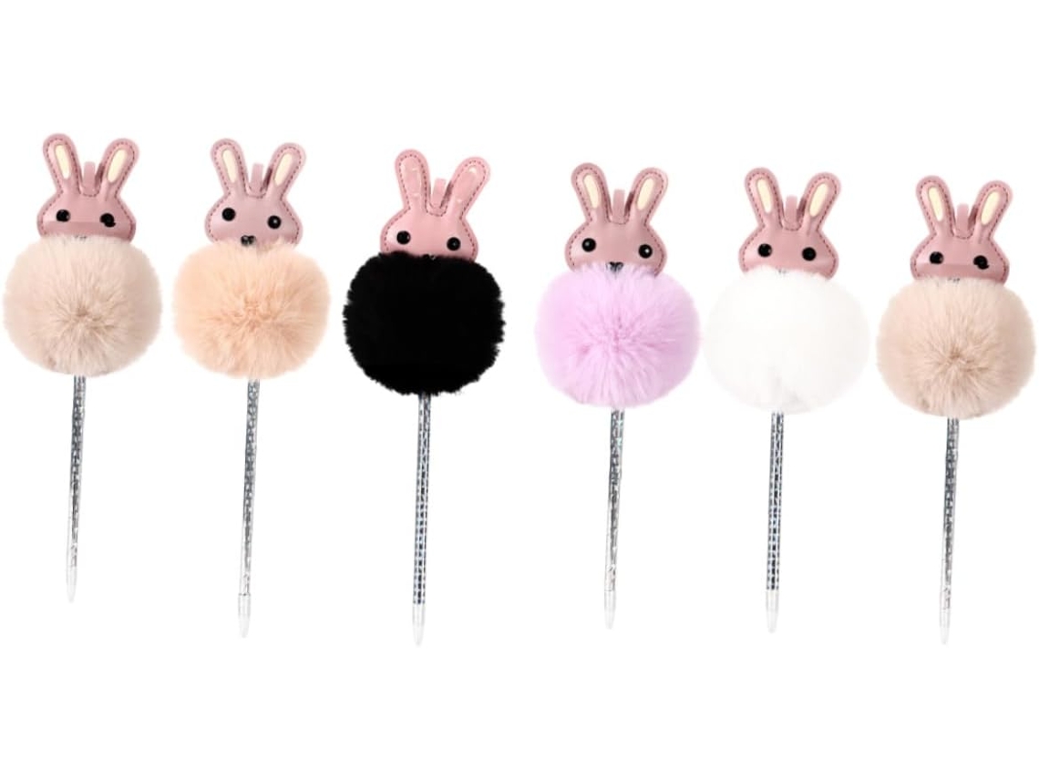 Conjunto De 6 Canetas Em Gel Housoutil, Coelho Com Bola Pelúcia, Ponta
