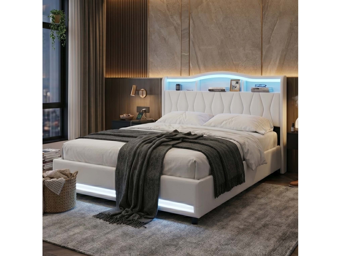 Cama de Casal com Gavetas e Led RGB 140x200cm LAZYSPACE