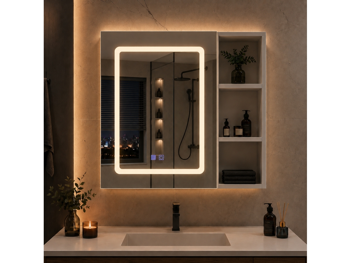 Armário De Casa De Banho Com Espelho E Led, Armário‑espelho 60,2x15,2x60,2 Cm Com Arrumação, Função Anti‑embaciamento, Prateleira Ajustável