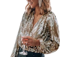 Camisa De Mulher Com Strass Brilhante, Gola Em V E Manga Longa Para Festa Ouro S