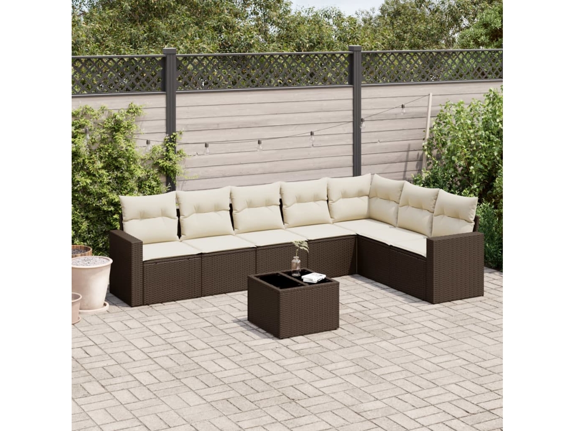 Vidaxl 8 Pcs Conjunto Sofás De Jardim C/ Almofadões Vime Pe Castanho