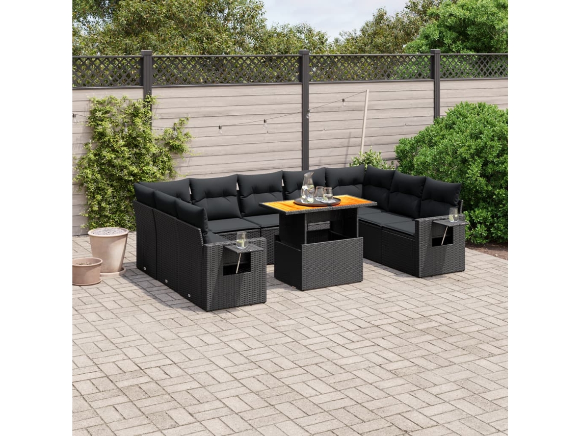 Vidaxl 10 Pcs Conjunto Sofás De Jardim C/ Almofadões Vime Pe Preto