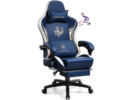 Cadeira GTPLAYER Ergonómica para Jogos com Bluetooth e Apoio de Cabeça Reclinável para os Pés e Almofada Lombar para Trabalho e Lazer Azul