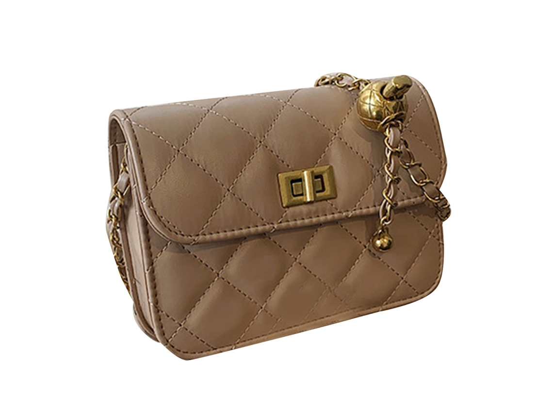 Bolsa de Ombro Pequena Feminina com Cadeia Tipo Bola Dourada Moda Leve Pu Khaki