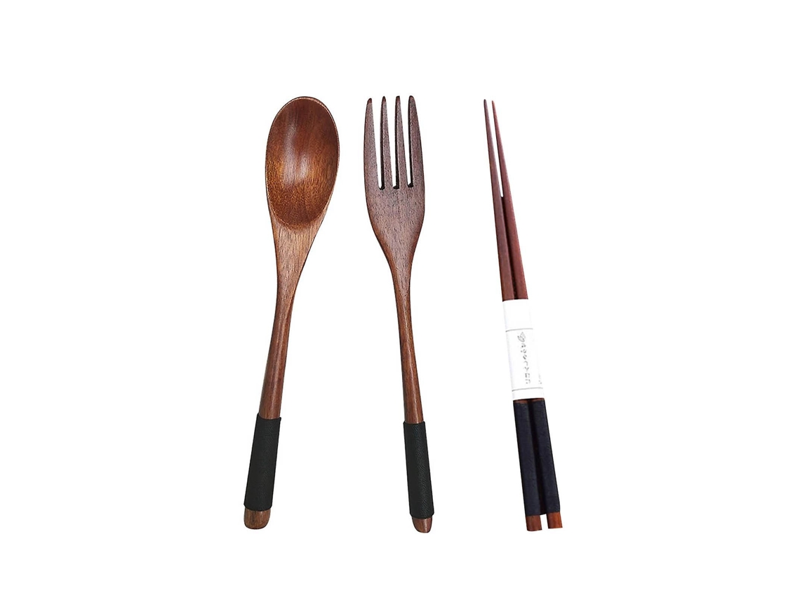 Conjunto De 3 Peças De Talheres De Madeira Natural, Palitos, Colher E Garfo De Madeira, 8,5 Polegadas
