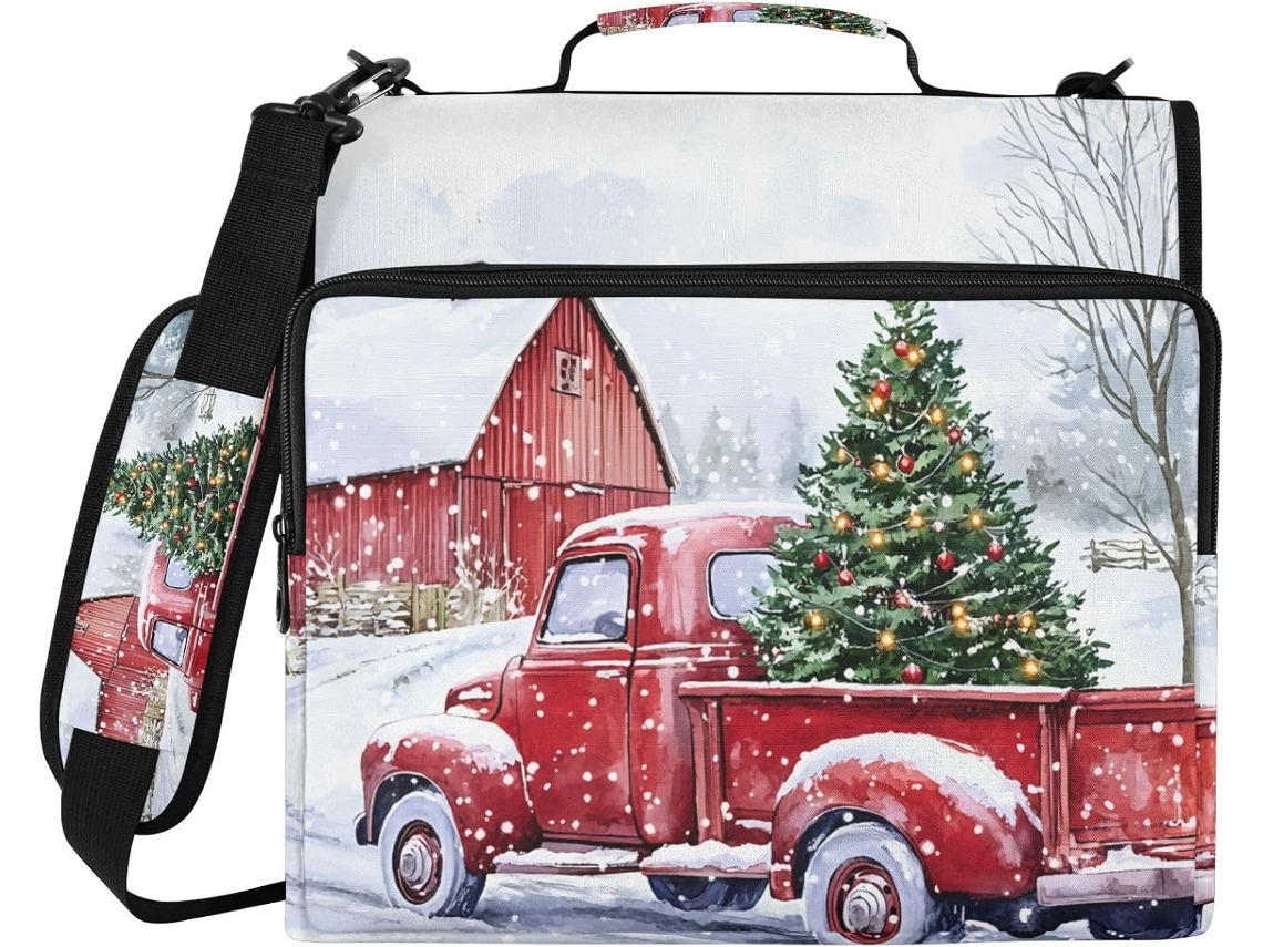 Caixa organizadora Árvore de Natal com 3 argolas, compartimento para laptop e bolsas resistentes à água.