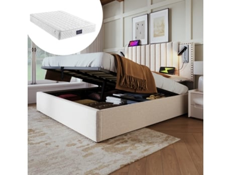 Cama Box 160x200 Com Gavetas, Cabeceira Com Luz De Leitura E Usb, Estrutura Em Algodão Bege (inclui Colchão)