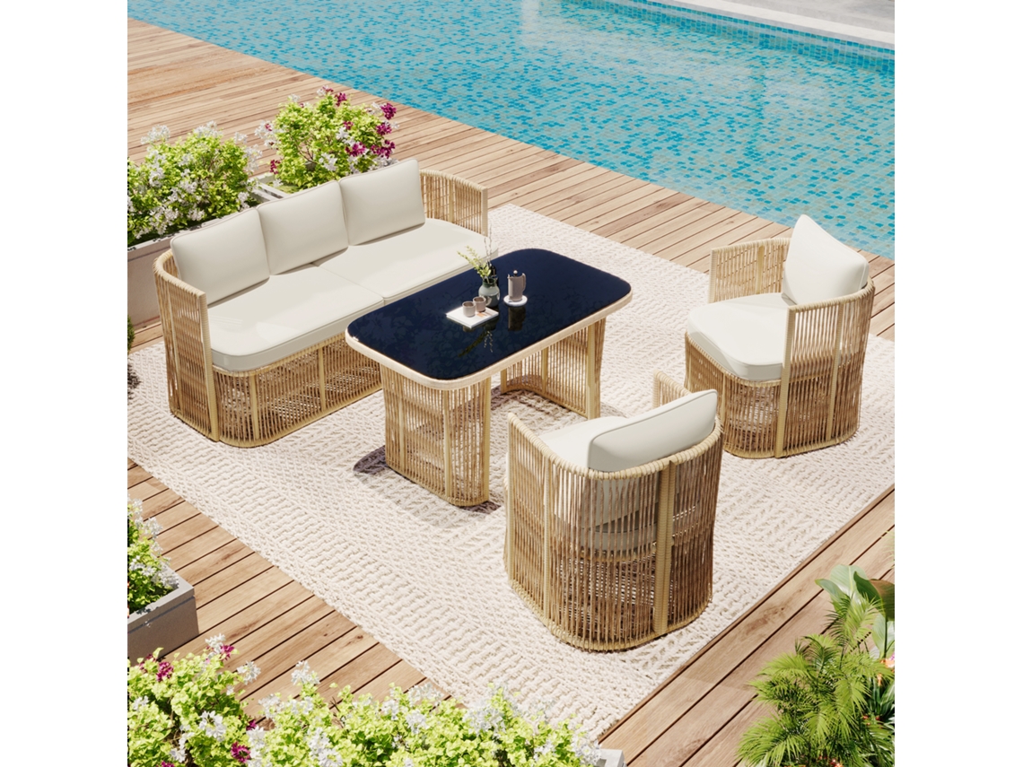 Conjunto Jardim Rattan 4 Peças Sofá 2 Poltronas Mesa Vidro VELTRIX