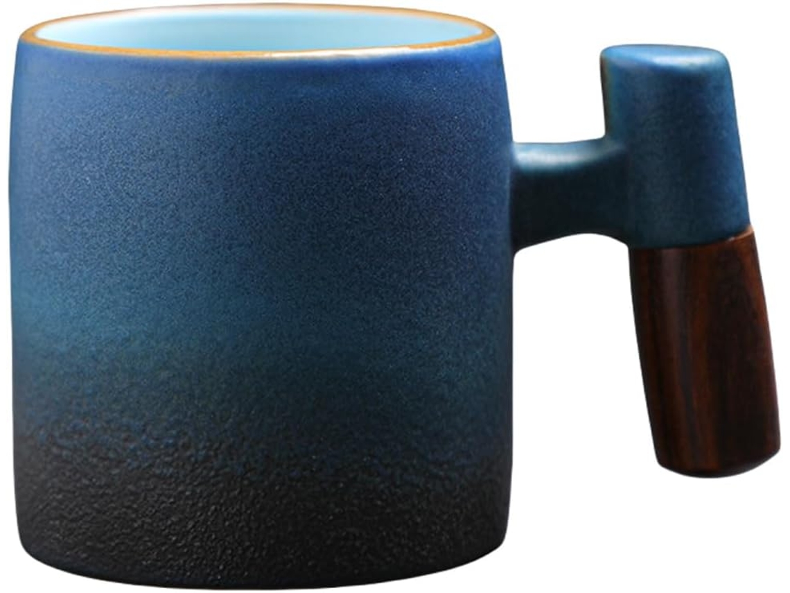 Xícaras De Café Expresso Cerâmica Com Cabo Madeira, 80 Ml. Xícara Porcelana. Pequenas Para Café, Dose Expresso, Chá (azul E Preto, Aquaforge