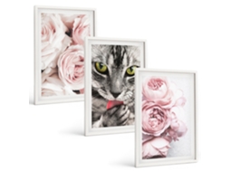 Conjunto De Pinturas Gato Em Flores Rosa Espelharte (3 Peças 40x60 Cm)