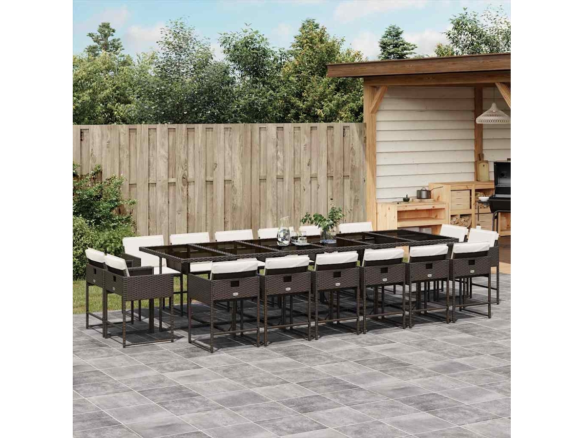 Vidaxl 17 Pcs Conjunto Jantar P/ Jardim C/ Almofadões Vime Pe Castanho
