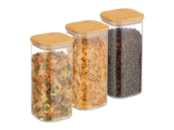 Conjunto Com 3 Potes De Vidro Com Tampas Herméticas De Bambu