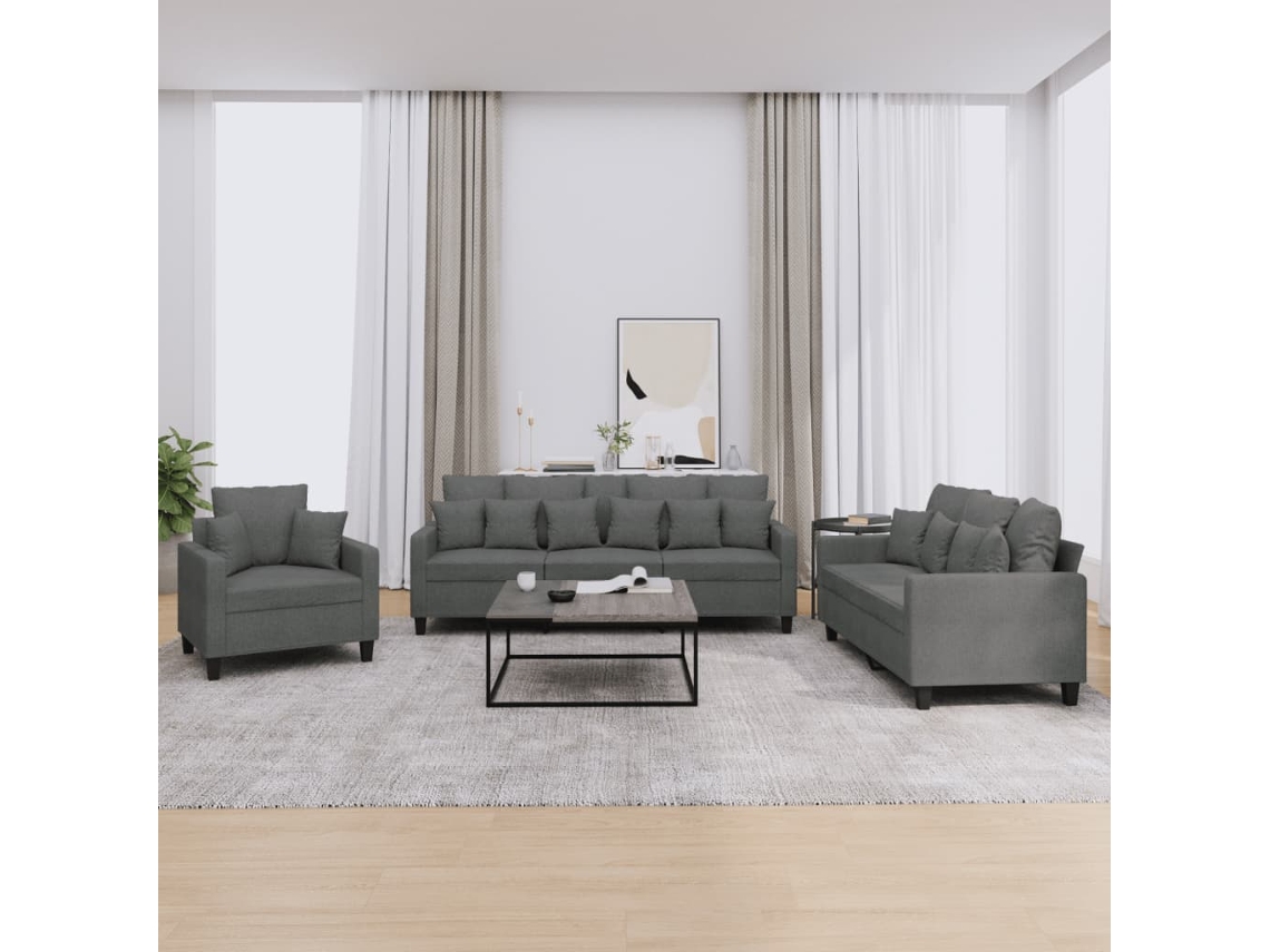 Vidaxl 3 Pcs Conjunto De Sofás Com Almofadas Tecido Cinzento-escuro