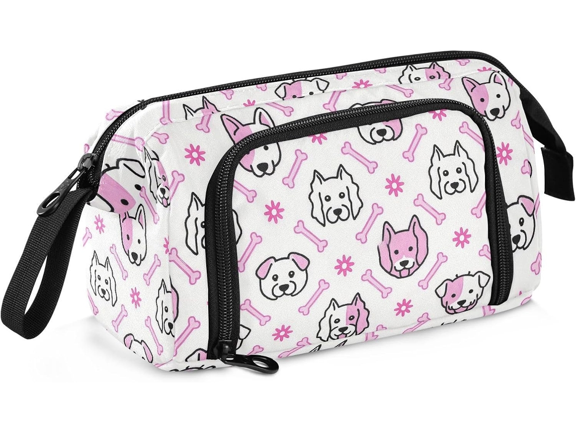 Estojo Grande com Estampa de Cabeças Cachorro e Ossos Multifuncional para Meninas 24 X 9,5 15 Cm