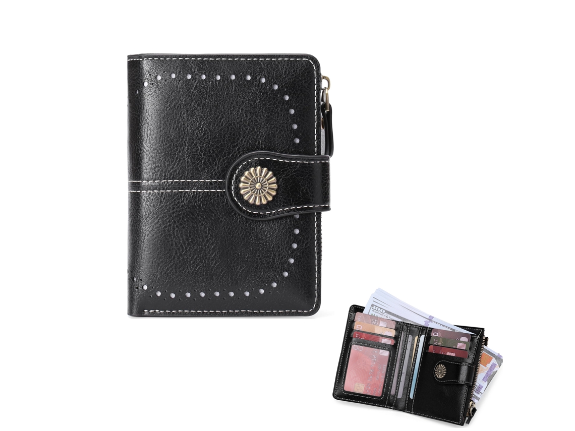 Carteira Feminina Pu Dobrável Com Porta-cartões E Porta-moedas, Fecho Zíper, Estilo Vintage, Preto