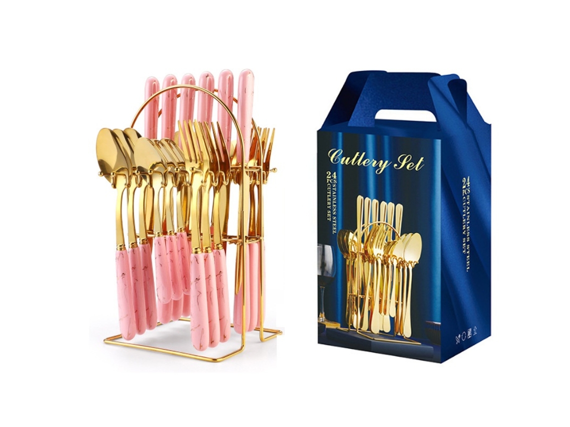 Conjunto De Talheres De Aço Inoxidável Com 24 Peças E Cabide Rosa Elysve